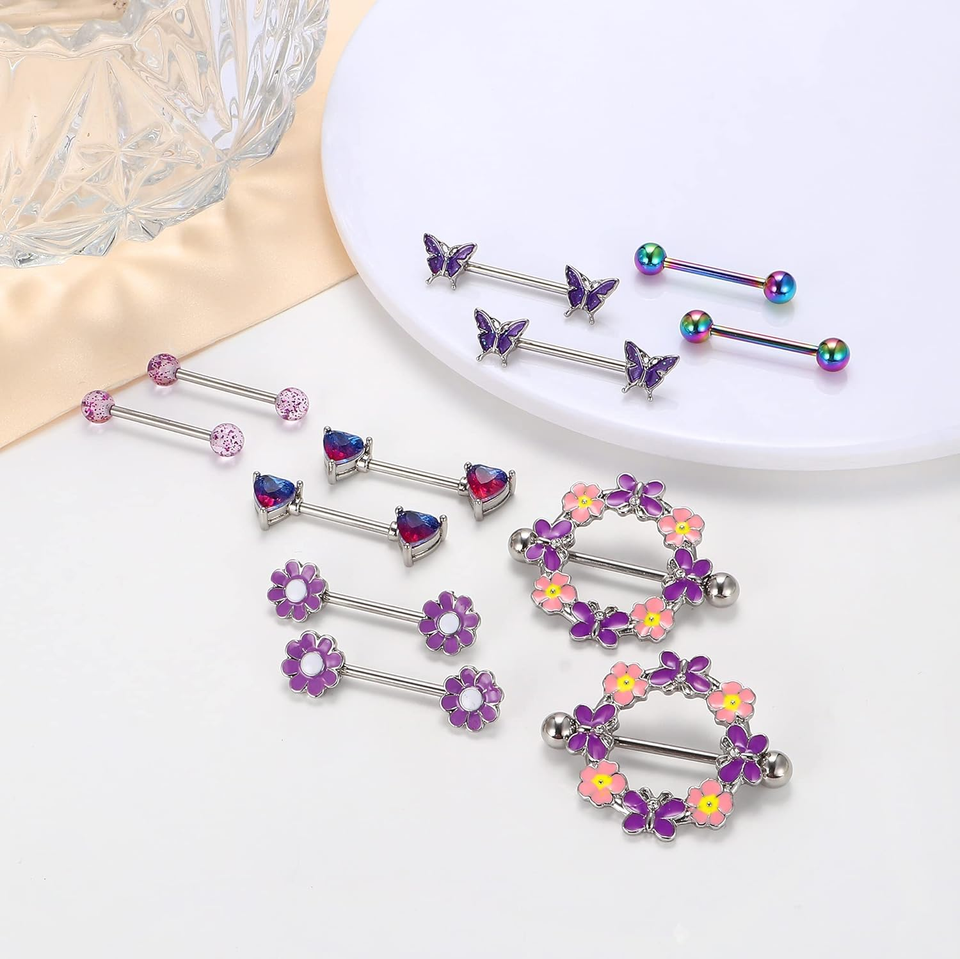 6 Pairs 14 G Nipple Rings for Women Surgical Steel CZ Heart Butterfly