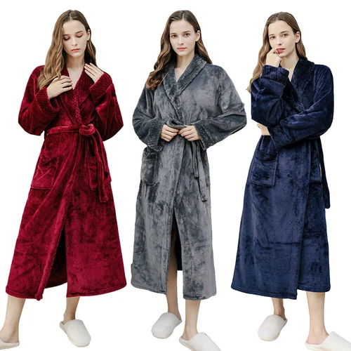Flannel BathRobe Long Soft Spa Male Bath Robe Shawl Collar Sleepwear Women & Men - Picture 6 of 30