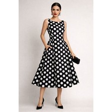Adrianna Papell Black White Polka Dot Fit Flare Dress Sz 14 Retro Pinup Cocktail
