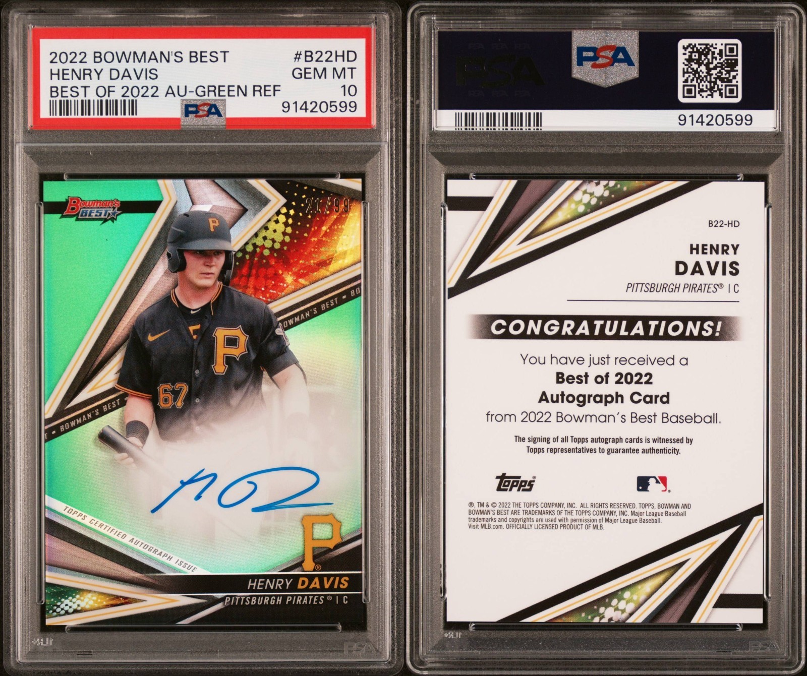 2022 Bowman's Best Henry Davis Green Refractor AUTO /99 Pitt Pirates PSA 10 🔥 view 2