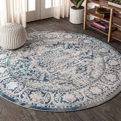 Navy and Light Grey Round Area Rug Pet Friendly Durable Easy Care 6ft 7in