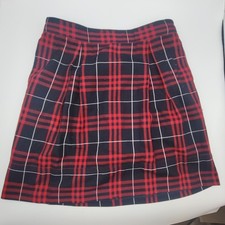 Lands End Kids Girls Red Navy Blue Plaid Pleated A-Line Skirt Size 12 Adjustable