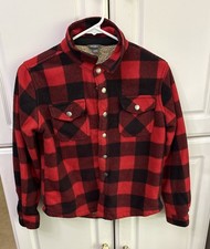Eddie Bauer Boys Jacket 10-12 Red Plaid Sherpa Lined Youth Jacket Outdoor