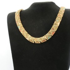 Vintage D'Orlan Pastel Statement Necklace Geometric Enamel Links Gold Tone 17 in