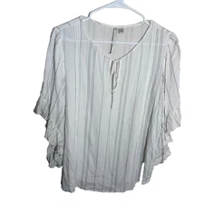 LC Lauren Conrad Blouse Women's Small Striped 3/4 Sleeve Ruffle Boho Casual