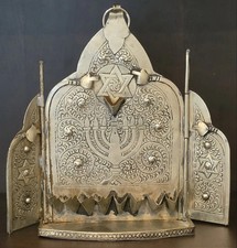 Antique Bezalel Style Hanukkah Menorah Triptych Folding Silver Plated Marked