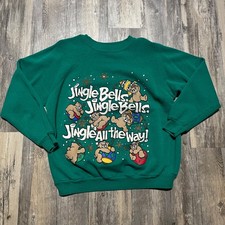 Vtg Holiday Jingle Bells Sweatshirt Women  s M Green Hanes USA FLAW