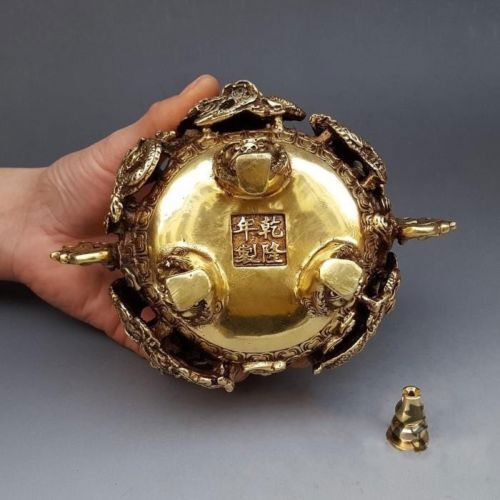 7" Chinese Brass Gilt 9 Dragon Incense Burner Censer Incensory Burner Statue - Picture 6 of 6