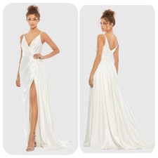 NWOT Mac Duggal Sleeveless Faux Wrap Satin Draped Gown White Sz 14