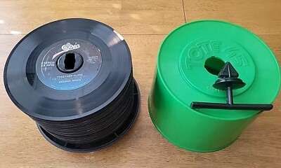 (Lot of  65) 45 RPM Records Mostly 70s Country & Rock In Green 45 s Tote 