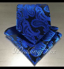 Brand Q Paisley Royal Blue Classic Neck tie Tie Hankie Set Party Wedding Prom