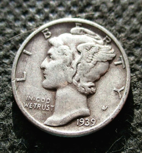 OLD SILVER COIN OF UNITED STATES OF AMERICA 1939 MERCURY DIME WORLD WAR II Ag