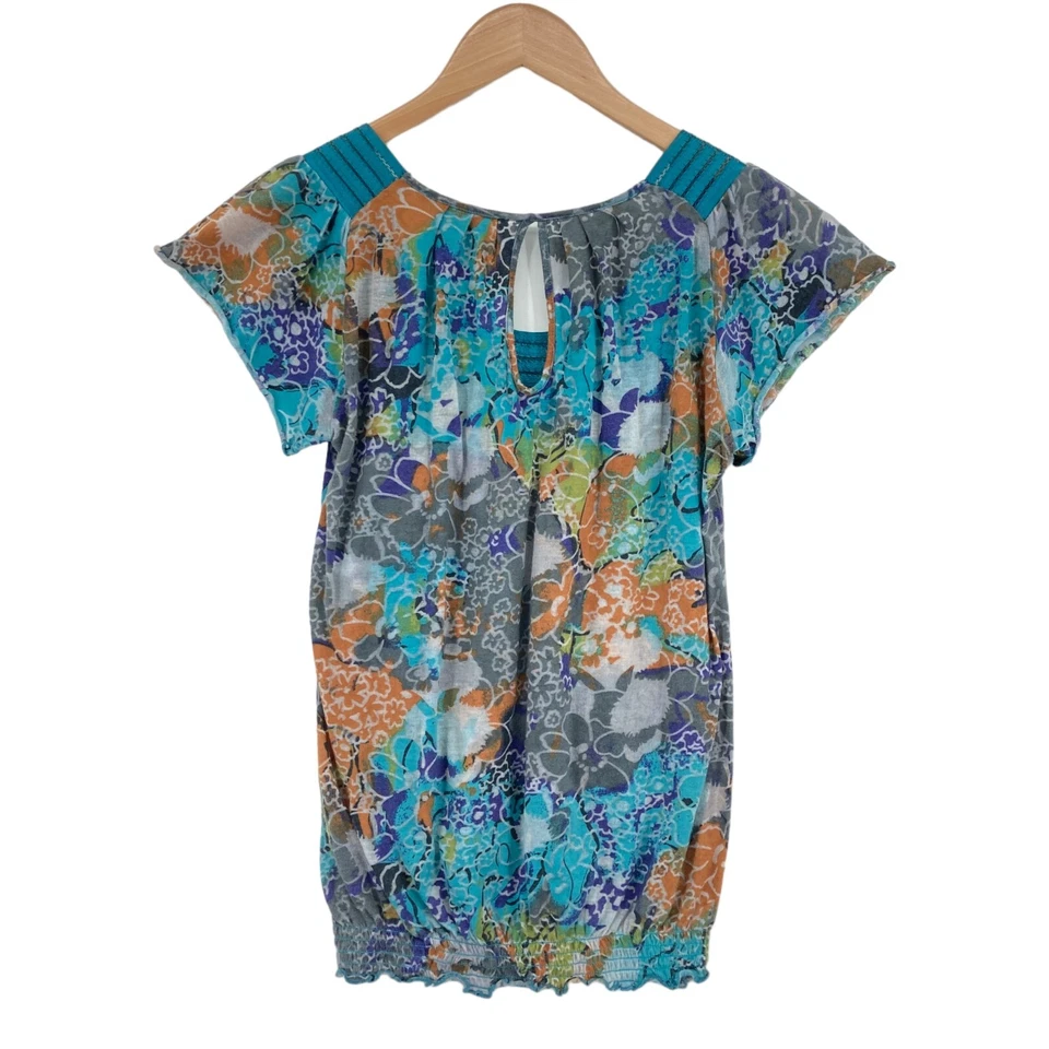 American Rag Cie Blouse Top Women Small Multi Floral Cotton Elastic Hem Pullover - Image 2 of 4