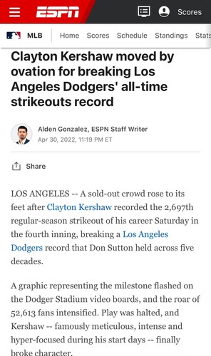 CLAYTON KERSHAW DODGERS ALL-TIME STRIKEOUT LEADER TICKET 4/30/2022 PSA 9/10 - Picture 4 of 10