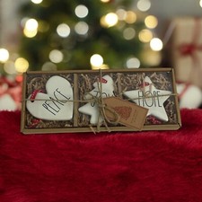 Rae Dunn 3 piece  Love  ,  Joy  ,  Wish  Ceramic Christmas Holiday Ornaments NEW