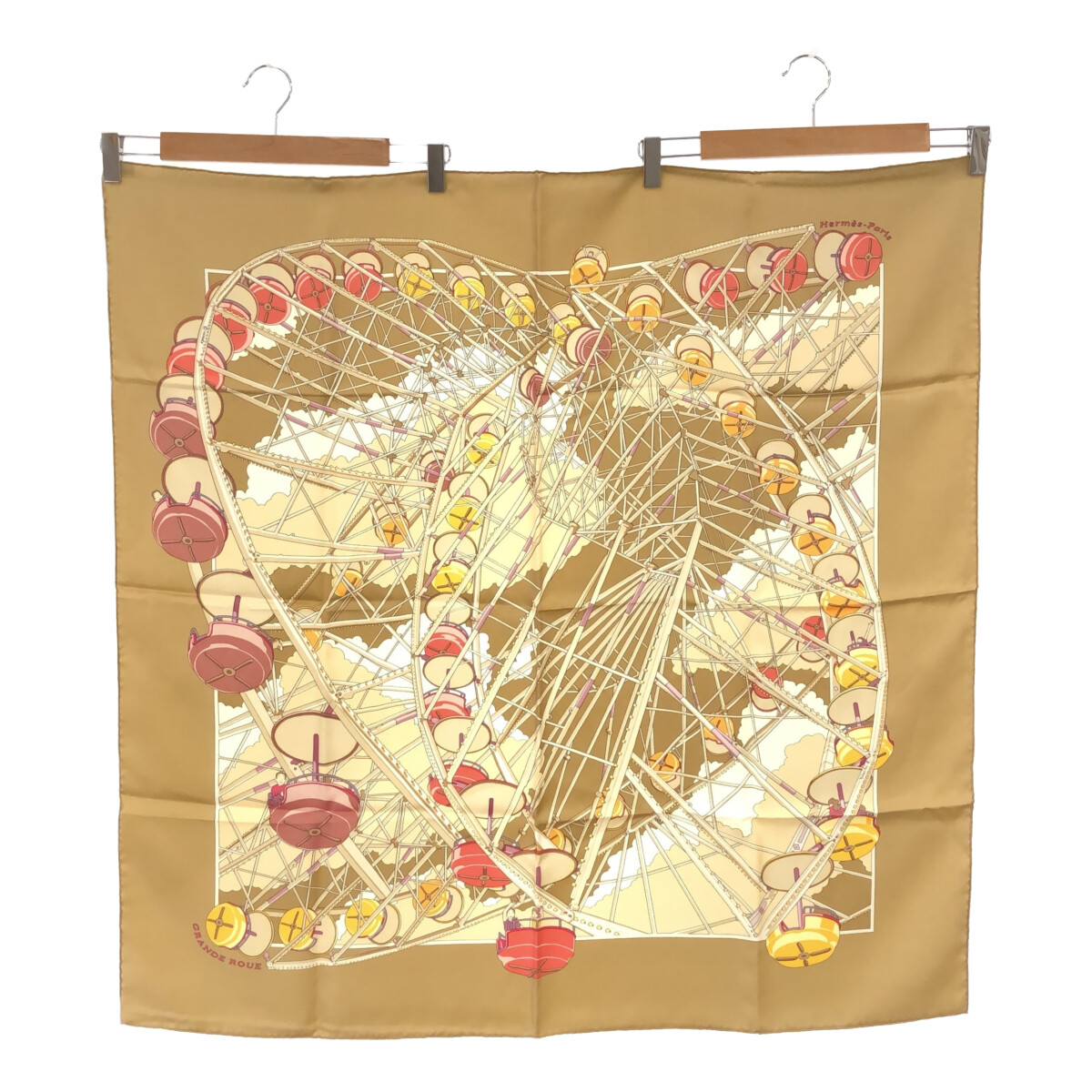 Hermes Carre90 Grande Roue Silk 100 Beige Scarf