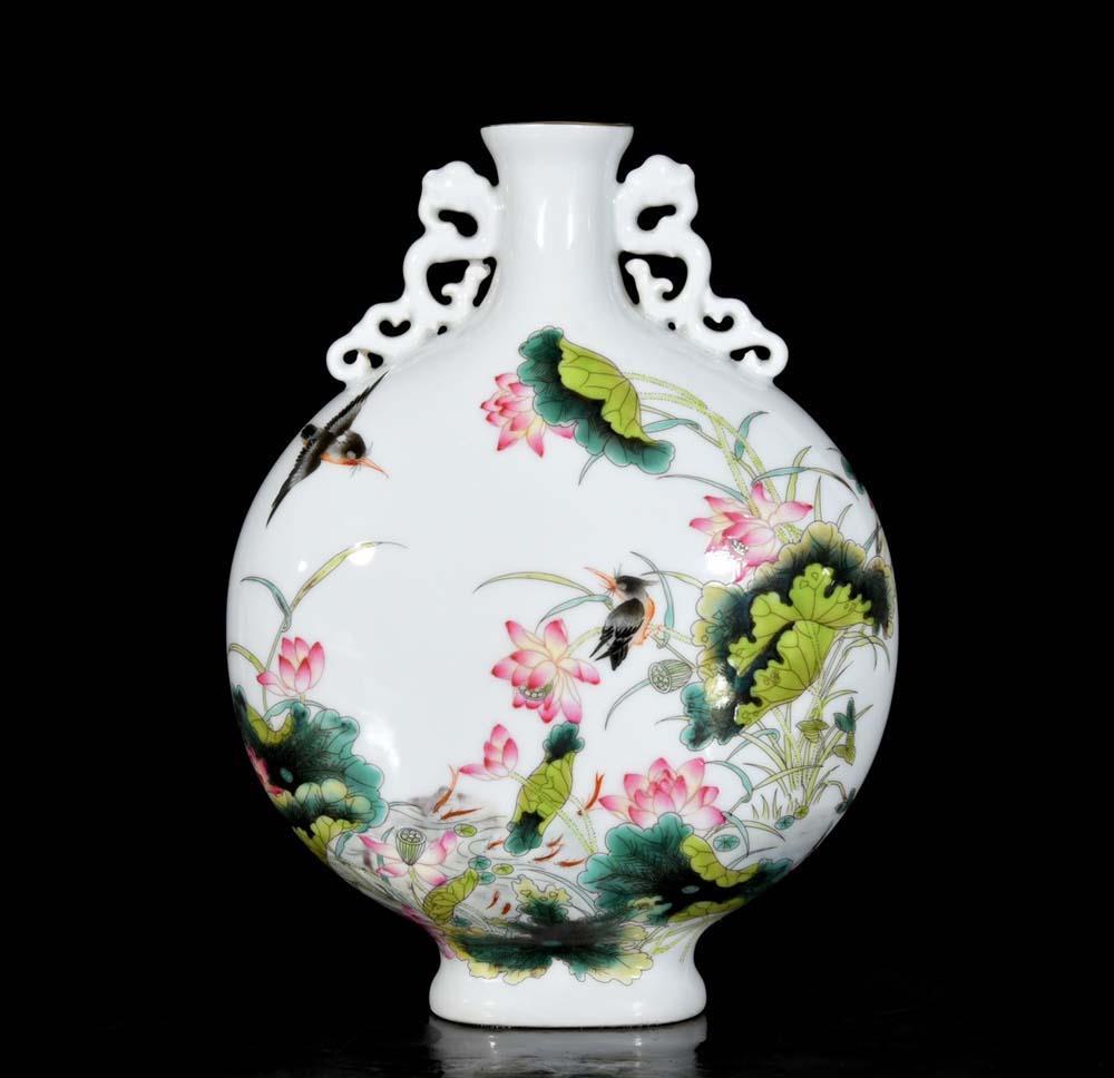 中国骨董 28CM Yongzheng Signed Old Chinese Colour Enamel Vase W/louts