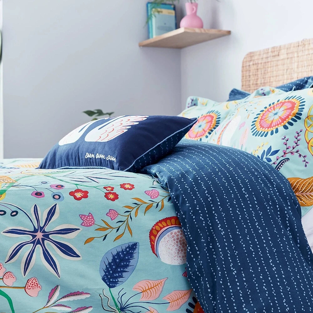 SCION Jackfruit & Beanstalk Floral Duvet Cover Set Sky Blue & Cushions