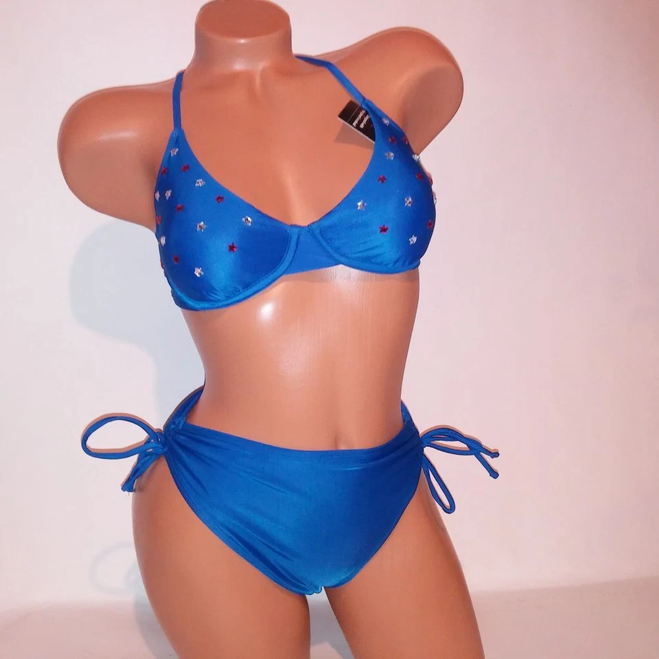 Bikini de natación No Boundaries pequeño superior e inferior azul con tachuelas estrellas brillantes acolchado y Foto 3 de 4