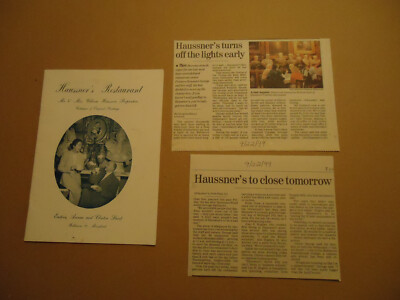 Haussner's Restaurant circa 1950's art catalog and closing article BALTIMORE MD