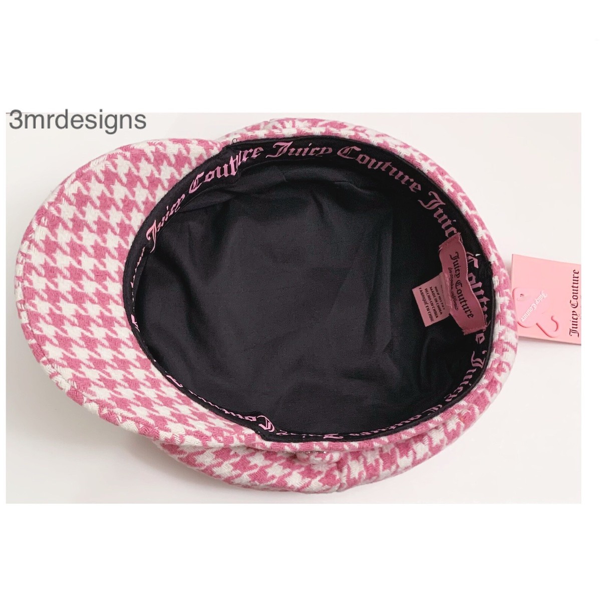 NWT JUICY COUTURE Houndstooth Pink & White Tweed Embellished Stones Beret Cap Juicy Couture Pink Womens Baseball Cap Hat One Size  main image 3