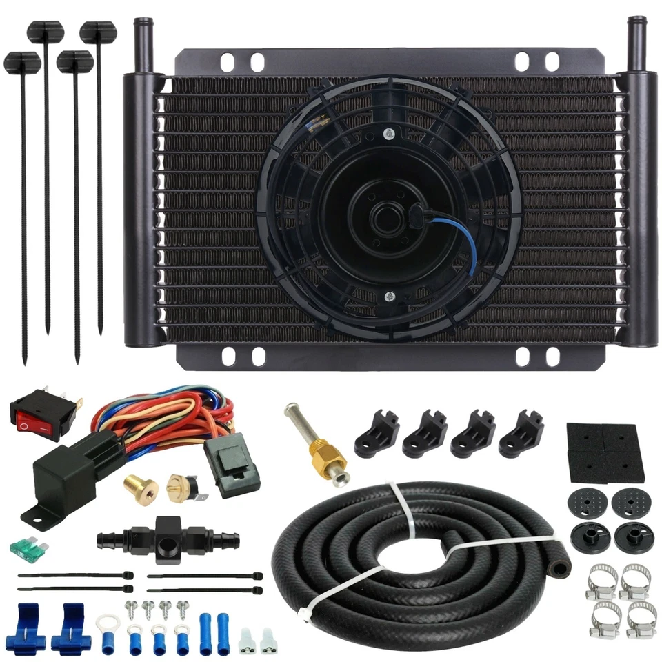 AMERICAN VOLT 15 ROW TRANS-MISSION OIL COOLER FAN 6AN HOSE LINE THERMO TEMP-ERATURE SWITCH KIT