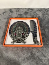 Vintage Style Metal Vanity Mirror Comb Set Peacock Flower Pattern Hand Mirror