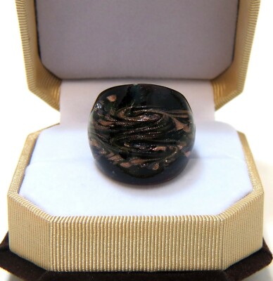 Art Deco Dark Royal Purple with Gold Fleck Hand Blown Glass Bling Ring size 6.25