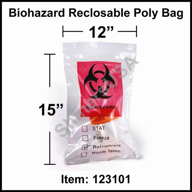 Biohazard Reclosable Poly Bag 12x15 500 2mil Medical Specimen