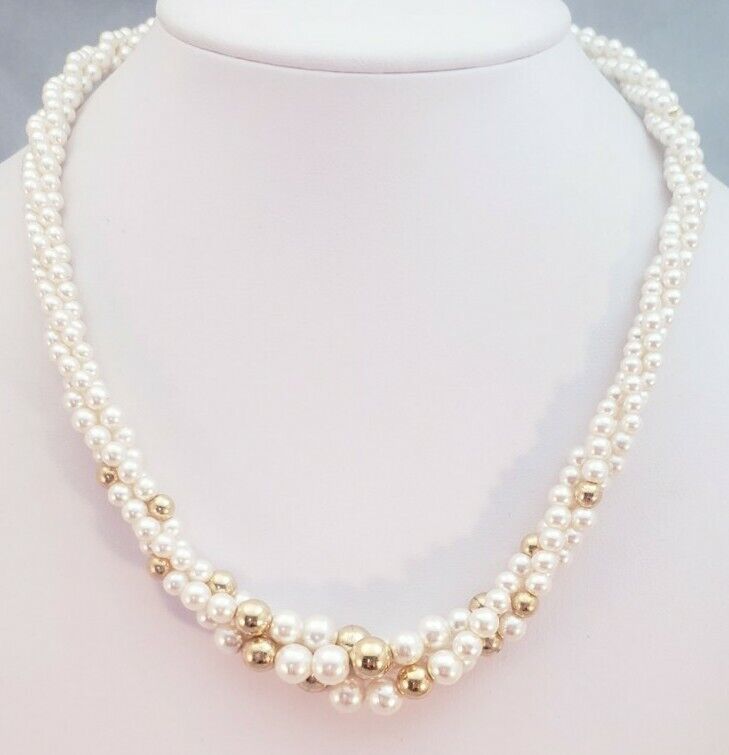 Signed Napier Faux Pearl Beaded Gold Tone Twist V… - image 1