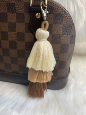Tassel Bag Charm Keychain Key Fob Car Charm Gold brown beige tan Pom Pom