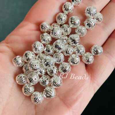 200 pcs! 7-8mm Round Silver Filigree Lightweight Jewelry Metal Craft Beads