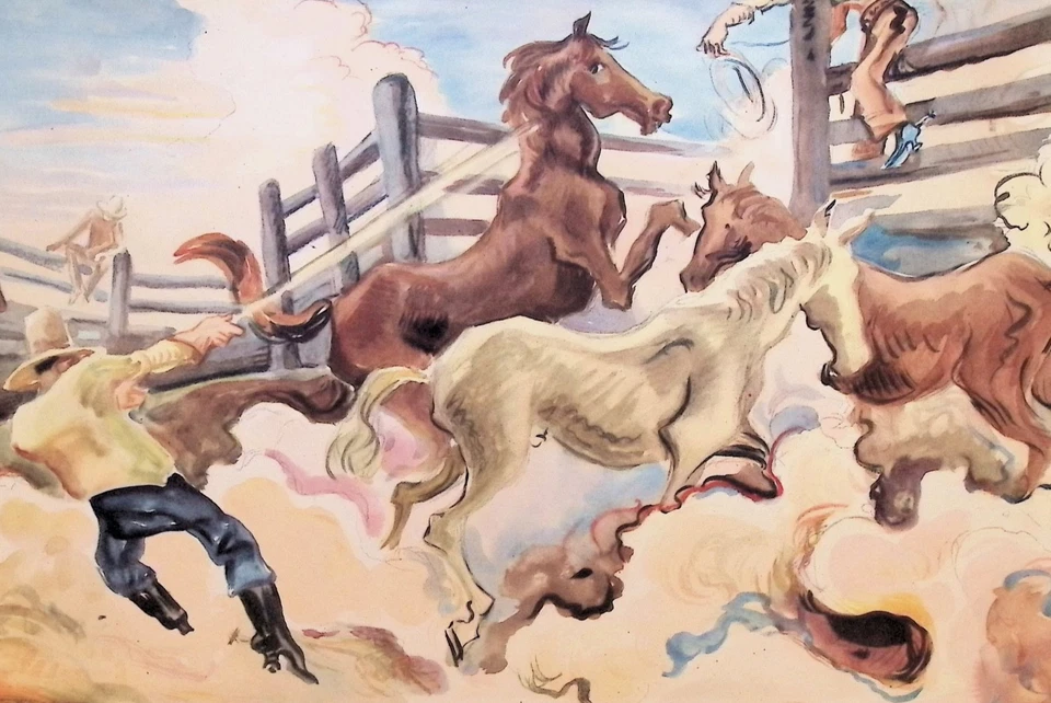 Arte de lazo occidental vintage Thomas Hart Benton impresión artística - "Lassoing Horses", 1937 Foto 4 de 4