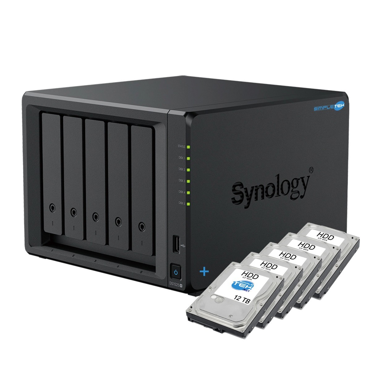 SYNOLOGY DISKSTATION NAS DS1525+ HDD 5X 12TB (60TB) RYZEN R1600 8GB RAM ECC