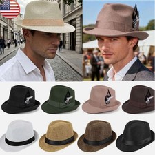 Men Women Straw Fedora Hat Trilby Cuban Sun Cap Panama Short Brim Floral Summer