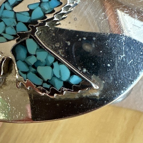Hunting Flying Eagle - Turquoise Chip Inlaid Vintage Southwestern Belt Buckle - Picture 6 of 12