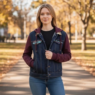 21 Men Women S Denim Burgundy Hoodie Tapestry Dark Wash Colorblock Southwestern