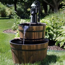 34-Inch 2-Tier Wood Barrel Water Fountain with Submersible Pump by Sunnydaze