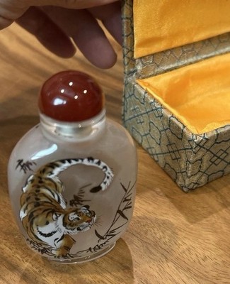 Chinese Inside Painted Glass Snuff Bottle Tiger Scene w/ Stopper & Box