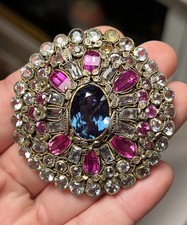 Vintage HOBE Sterling Silver Filigree Clip Brooch Ruby Aqua & Clear Glass Stones