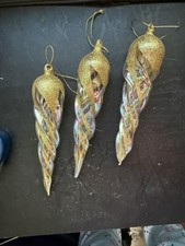 Blown Glass Teardrop Icicle Ornament Iridescent Gold Clear 6" Christmas