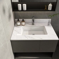 31 Inch Marble Vanity Top, White Vanity Top with Pre-drilled Faucet Holes, Bath