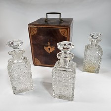 Antique French Decanter Wood Inlay Crystal Velvet Lined Trunk Cabinet Napoleon