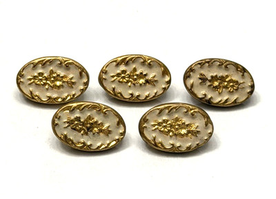 BEAUTIFUL Vintage Set of 5 FLORAL Cream & Gold Oval Enamel Button - 7/16'' (K2)