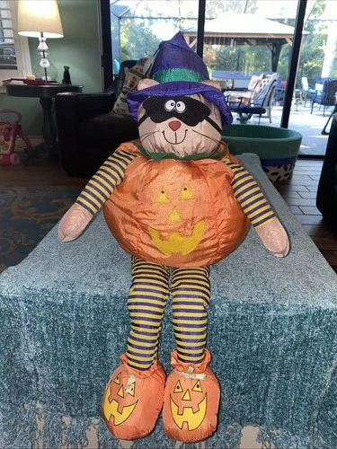 Vintage Halloween Nylon Pumpkin Cat With Legs Plush 30"