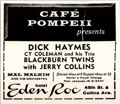 Hotel Eden Roc Cafe Pompeii D Haymes 45th St & Collins Av 1957 Miami Ad TAK3-S32