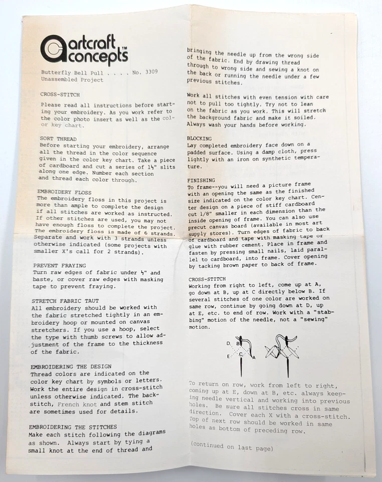 Artcraft Concepts No. 3309 Butterfly Bell Pull Cross-Stitch Kit (Vintage 1978) - Image 3 of 4