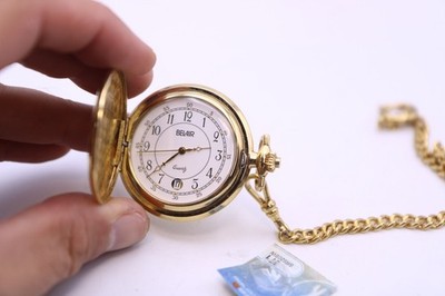 Vintage Belair gold tone pocket watch with chain floral pattern