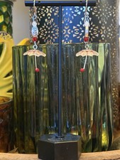 Handcrafted LOVE Umbrella Heart Dangle Earrings Red White Bead for Women