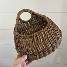 Wall Pocket Wicker Farmhouse Mail Flower Basket Green/Red Stripe 12”H 3.5” Deep 
